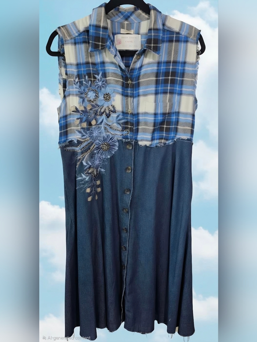 Blue Plaid & Denim Button-Front Maxi Dress with Floral Embroidery